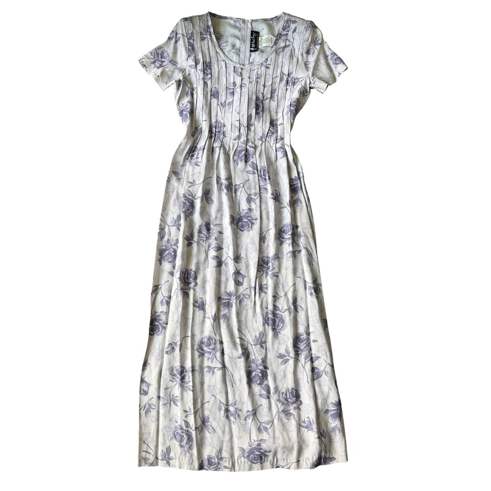 All That Jazz Floral Maxi Dress Pleated Vintage 90s Size 3/4 Purple White roses